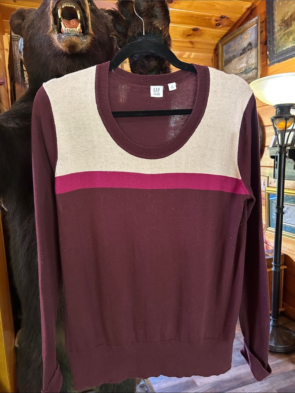 GAP Burgundy Crewneck Sweater with Cream and Magenta Bands